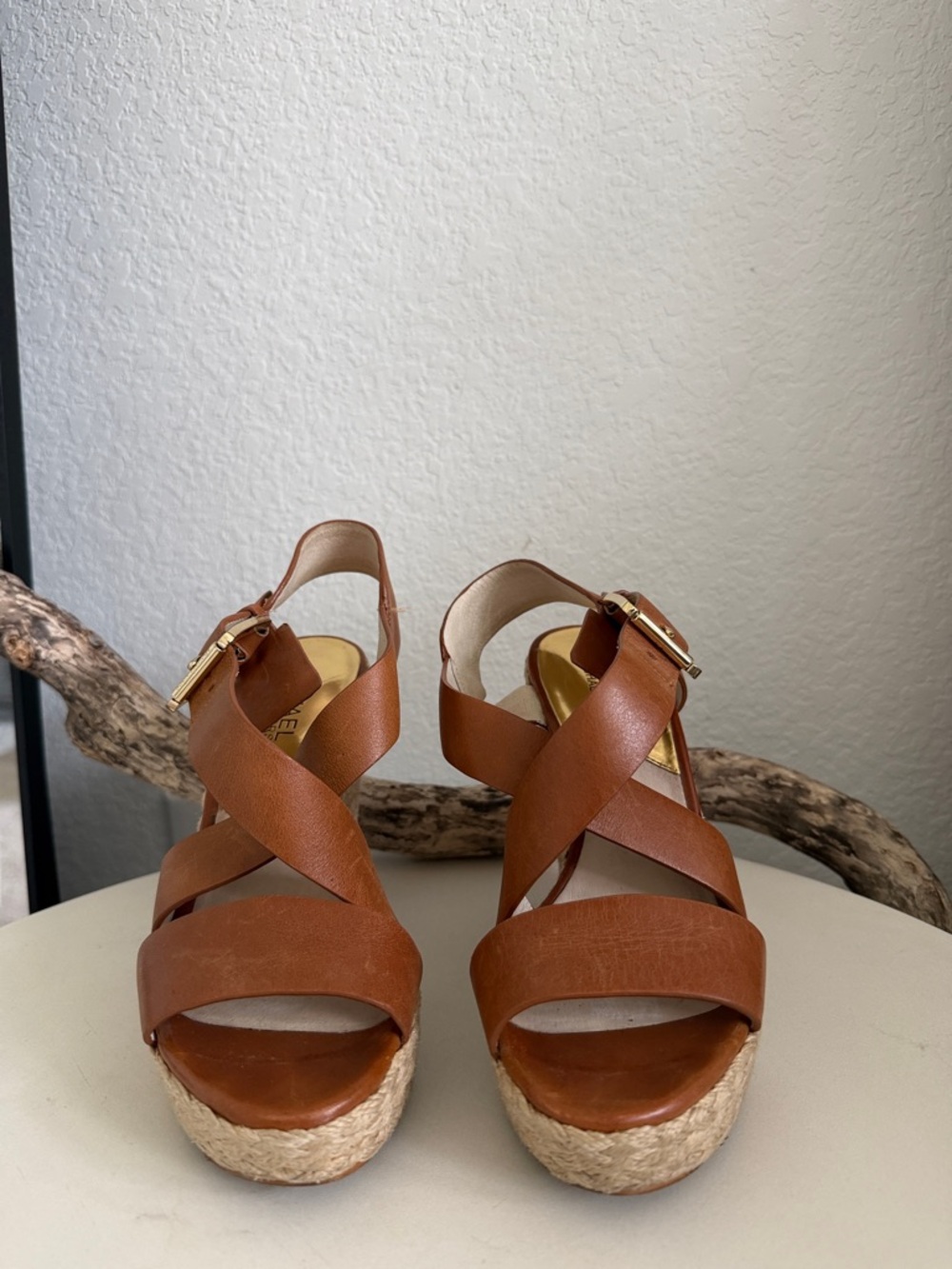Michael Kora Women's Tan Espadrille Wedge Sandals with Crisscross Straps size 5